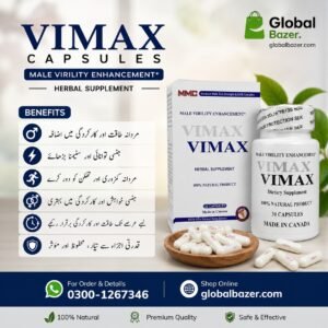 Original Vimax Herbal Supplement Capsules bottle for men's wellness in Pakistan.